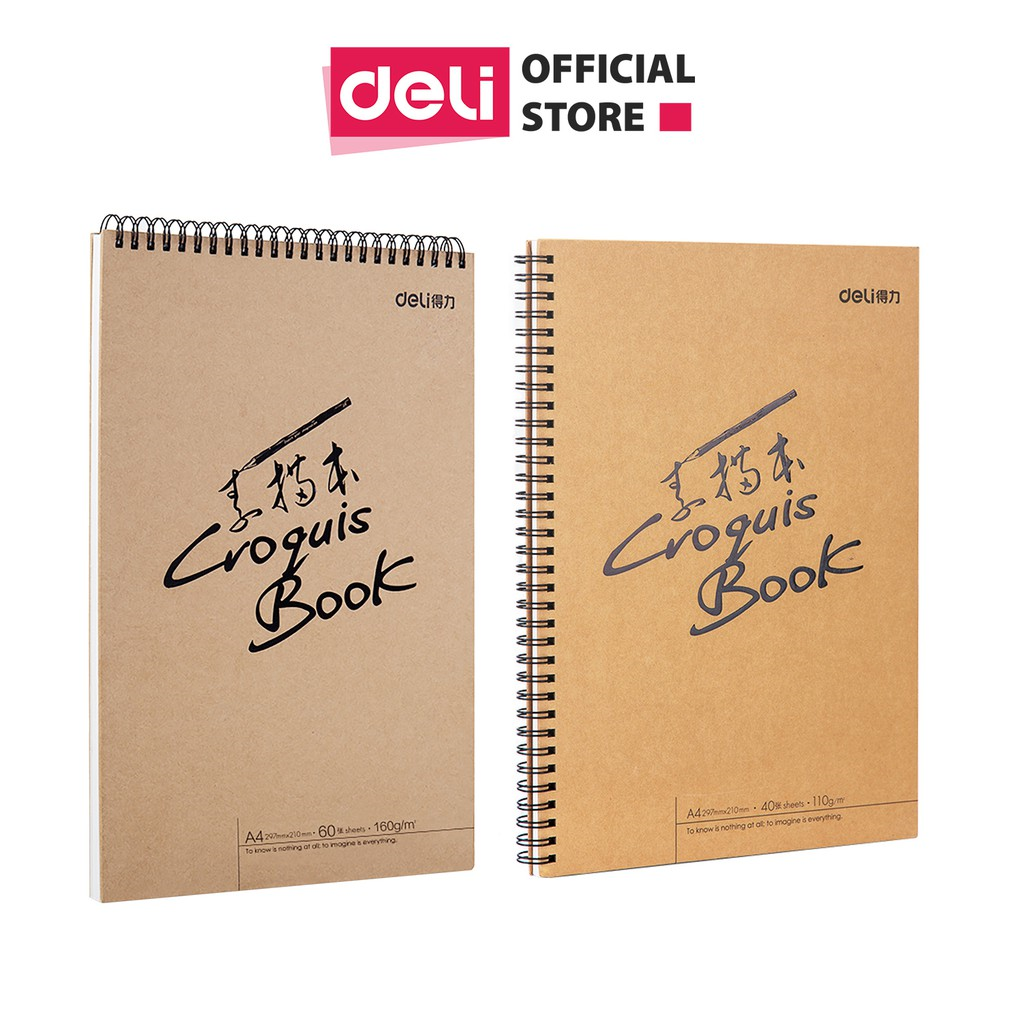 SỔ VẼ PHÁC THẢO 110GSM/160GSM DELI KHỔ A4 (GÁY LÒ XO NGANG, VẼ CHÌ)