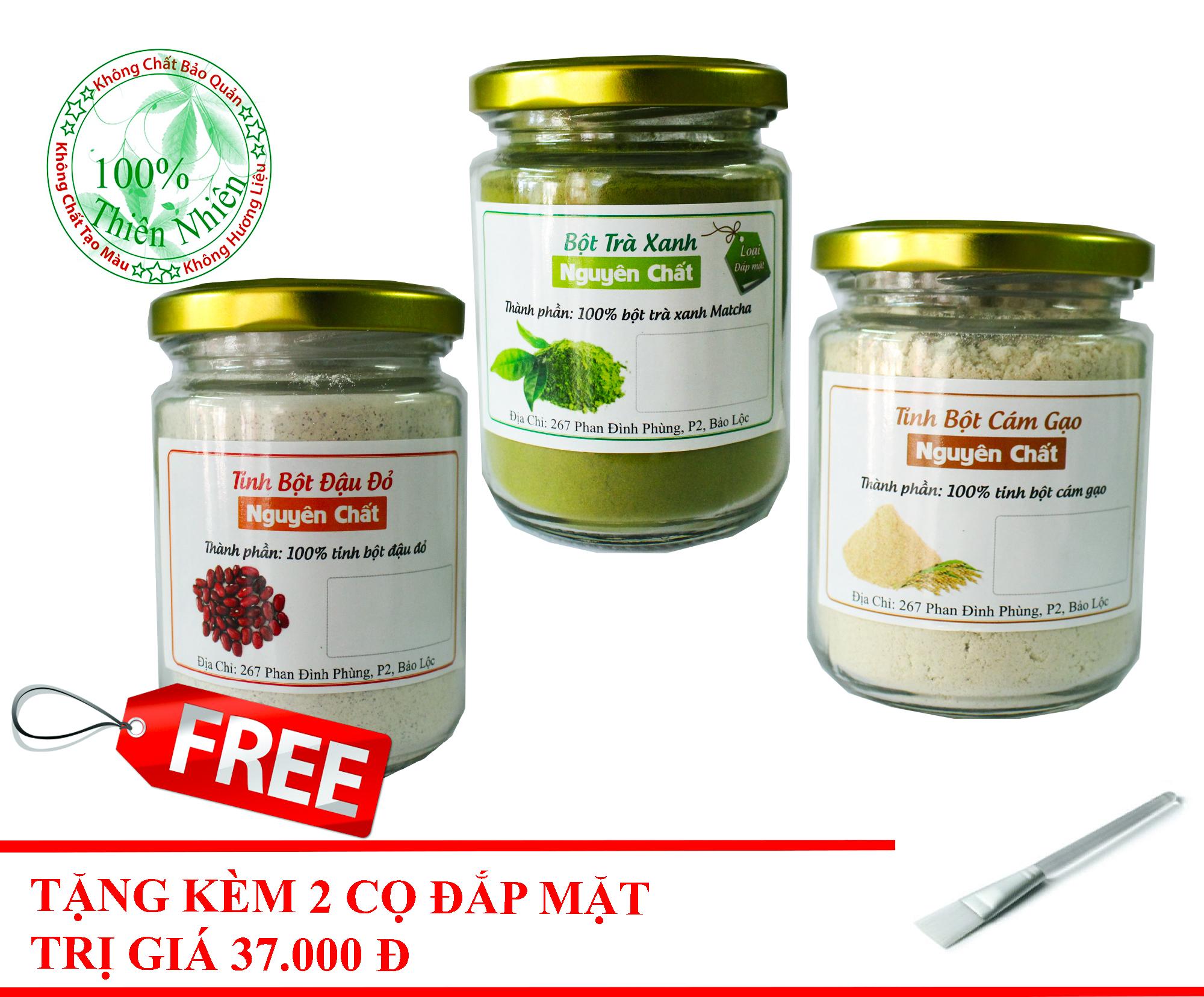 Combo Bột Trà Xanh+ Bột Đậu Đỏ + Bột Cám Gạo Nguyên Chất 100g + Tặng kèm 2 cọ quét mặt- Trị Mụn Hiệu Quả