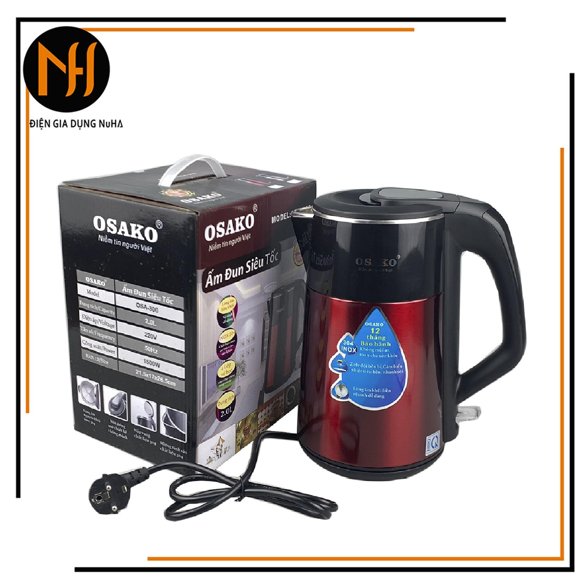 Ấm siêu tốc 2 lớp Osako OSA-300 dung tích 2L lòng ấm bằng inox 304 đúc nguyên khối màu đỏ-bảo hành 13 tháng