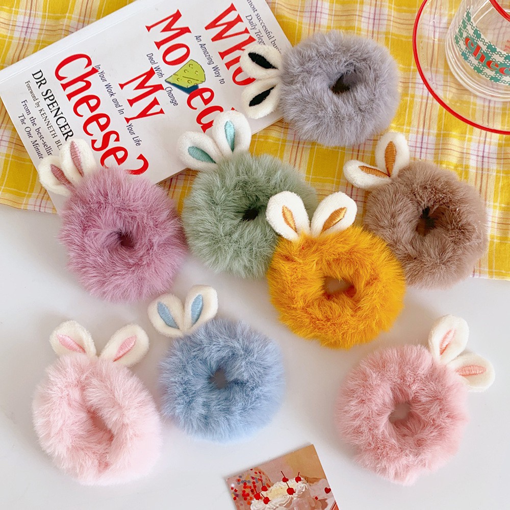 Dây buộc tóc co giãn lông mềm có tai thỏ xinh xắn