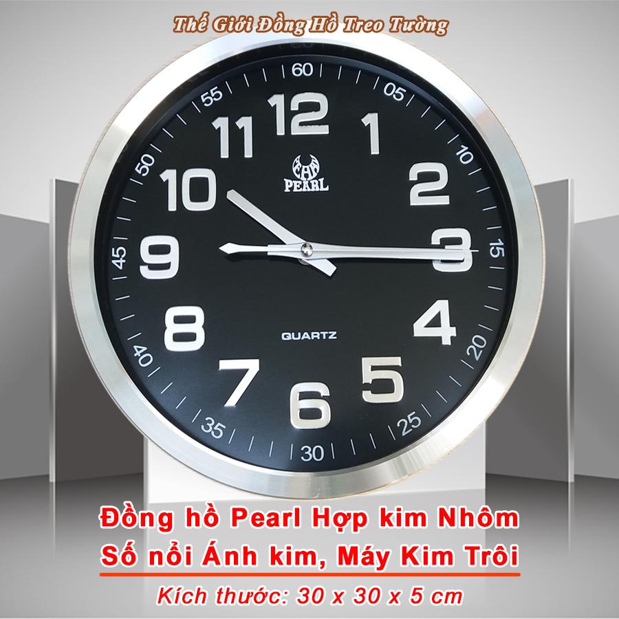 Đồng Hồ Treo Tường Pearl - Viền Kim Loại (Nhôm) - Số Nổi - Máy Kim Trôi - Tặng Pin Maxell