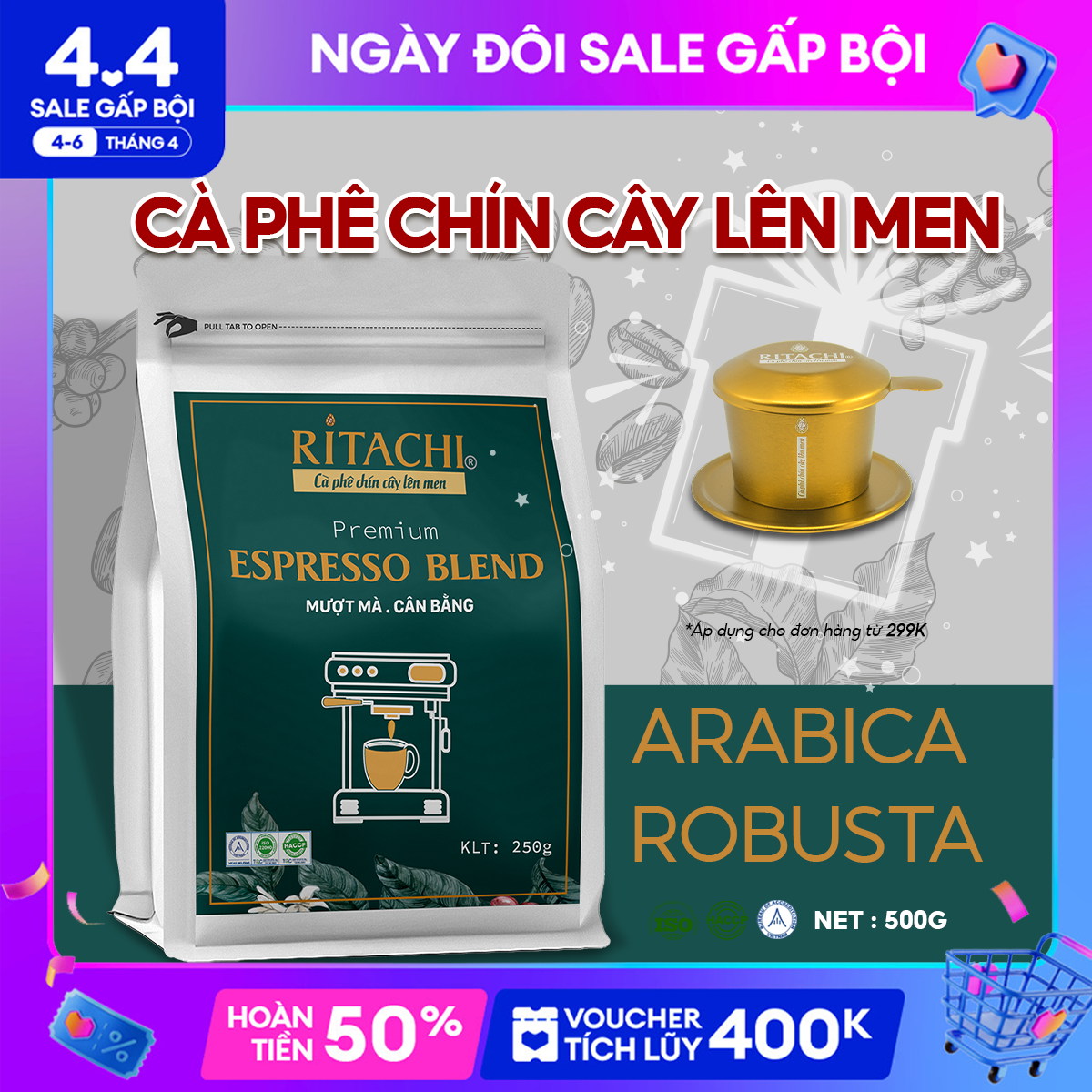 Cà phê pha máy espresso blend ritachi, cà phê arabica và cà phê robusta loại 1, trái chín lên men tự nhiên, mượt mà cân bằng, 250gr