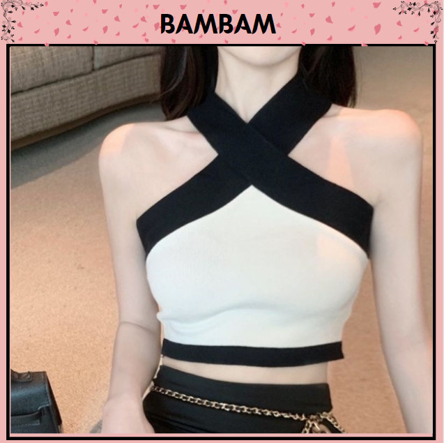 Áo Croptop cổ yếm phối trắng đen - chất LEN TĂM dày dặn ôm body