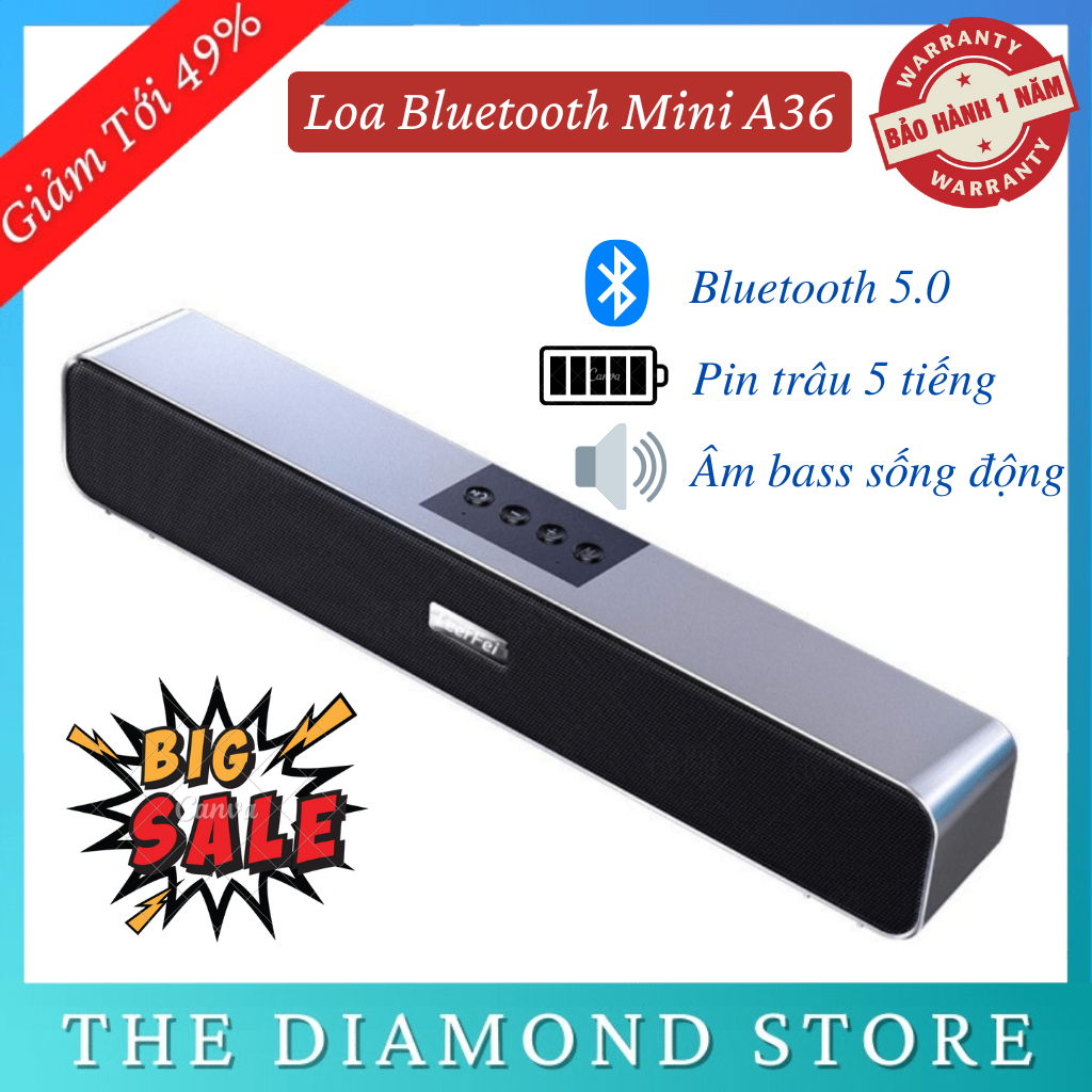Loa bluetooth a36 loa không dây cao cấp siêu bass âm thanh vòm bluetooth 5.0 hỗ trợ khe cắm thẻ nhớ có đèn led - bảo hành 12 tháng