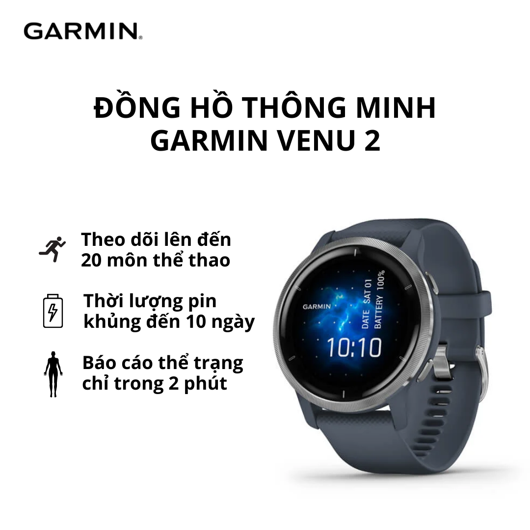 Đồng hồ thông minh GARMIN Venu 2, GPS, Wi-Fi, KOR/SEA | Mặt đồng hồ 45mm, đo SpO2 và theo dõi nhịp tim