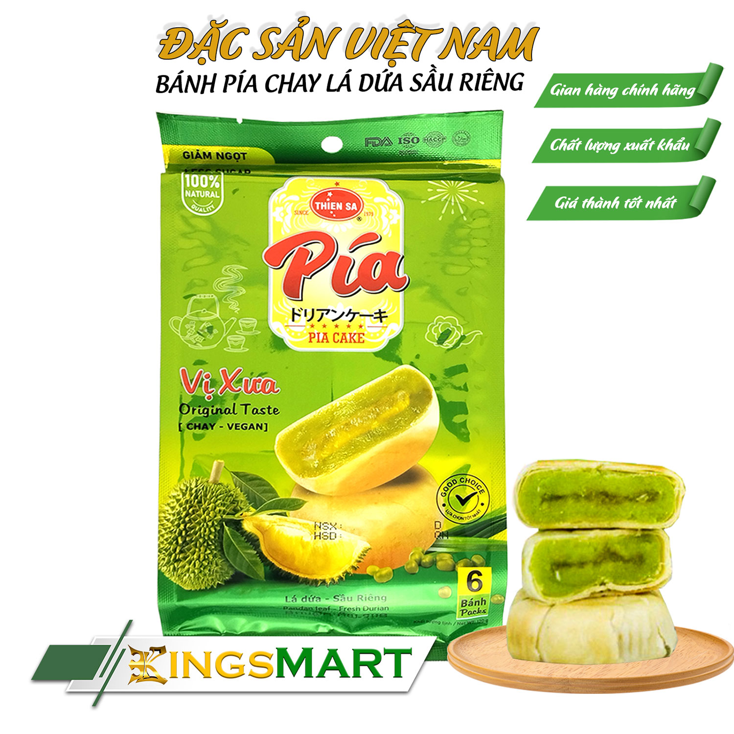 Bánh Pía Lá Dứa Sầu Riêng Chay - Thương hiệu Thiên Sa - Túi 120g/6 bánh - Kingsmart