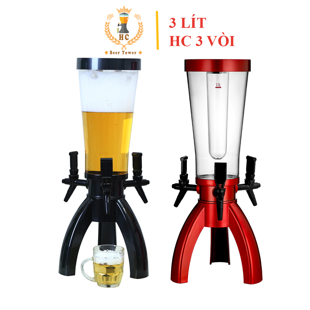 Tháp Bia (Bình Đựng Bia) 3 Vòi 3 Lít HC Uống beer hơi tươi Đựng Trà sữa Nước ngọt Lõi đá giữ lạnh Decor quán bar, nhà hàng Nhựa ABS + PET Khoảng 1.4kg KT 26x26x cao 59cm Thương hiệu Tháp Bia HC - HC Beer Tower Hỗ trợ Freeship Max
