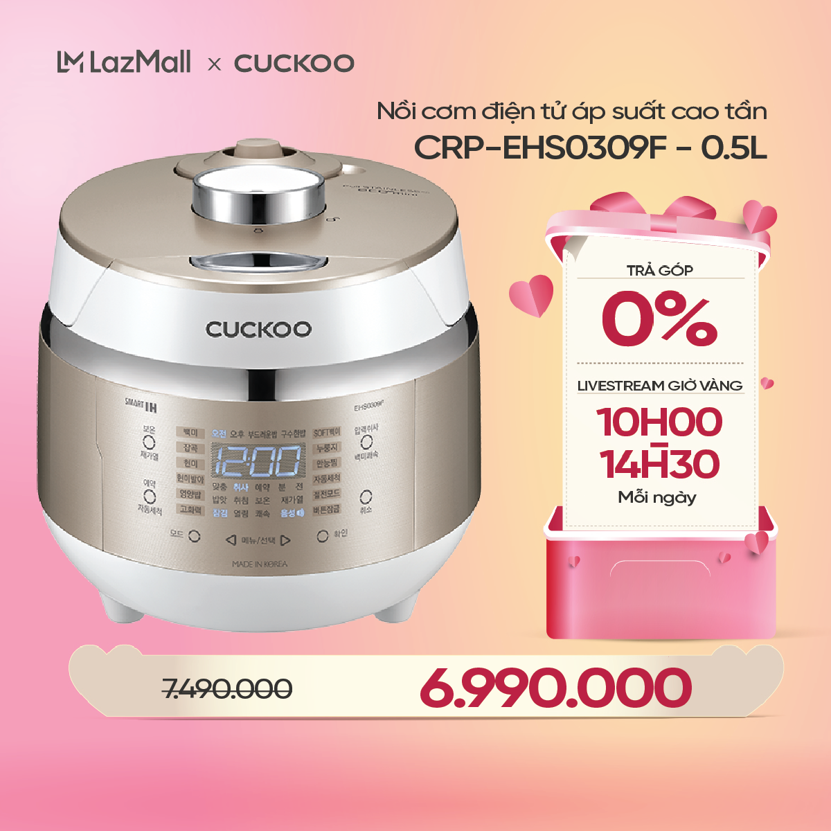 Nồi Cơm Điện Tử Áp Suất Cao Tần Mini 0.5L CRP-EHS0309F/WHGOVNCV- Bản Quốc Tế - Hàng chính hãng Cuckoovina