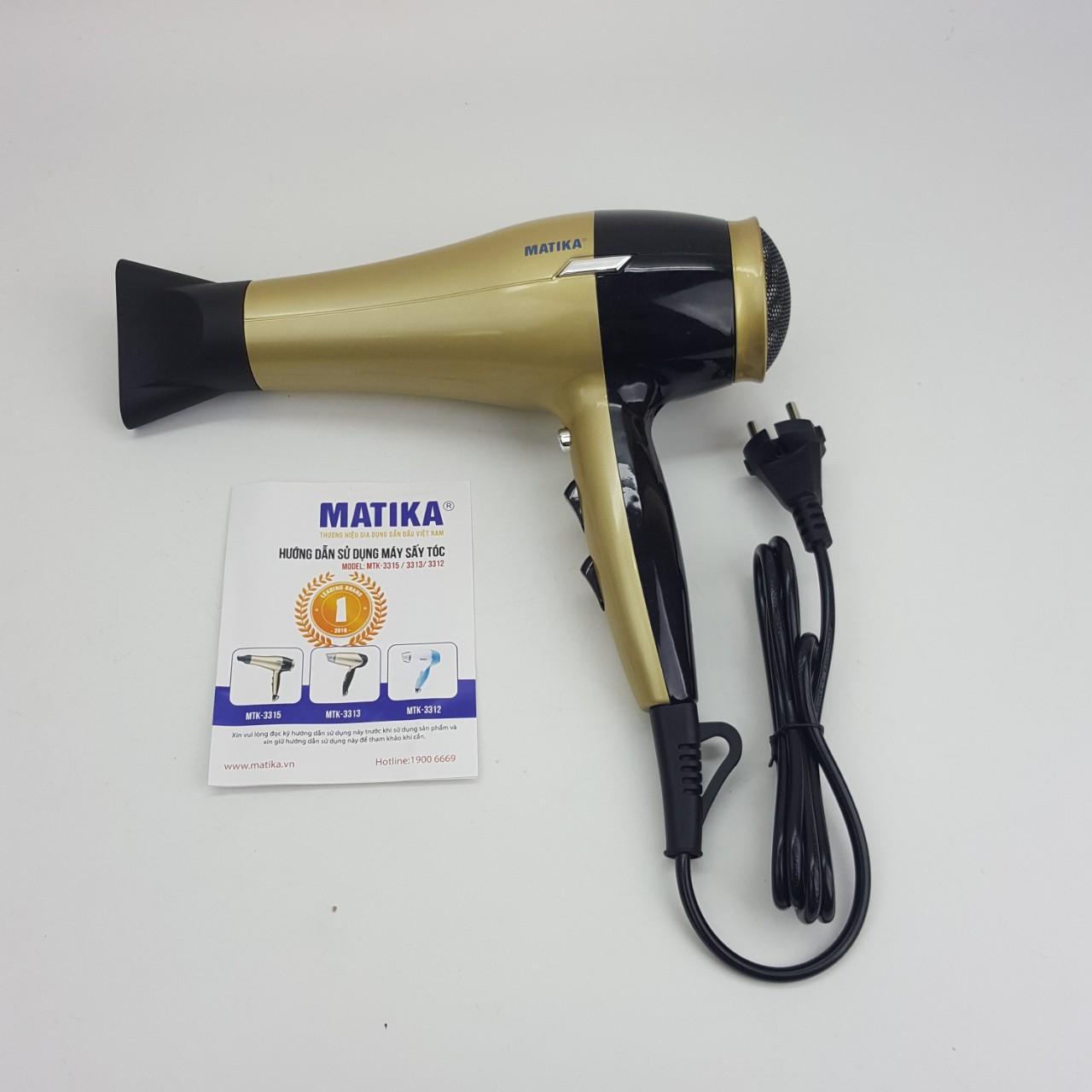 Máy sấy tóc matika 2000w có 3 cấp độ nhiệt màu nâu đen mtk-3315