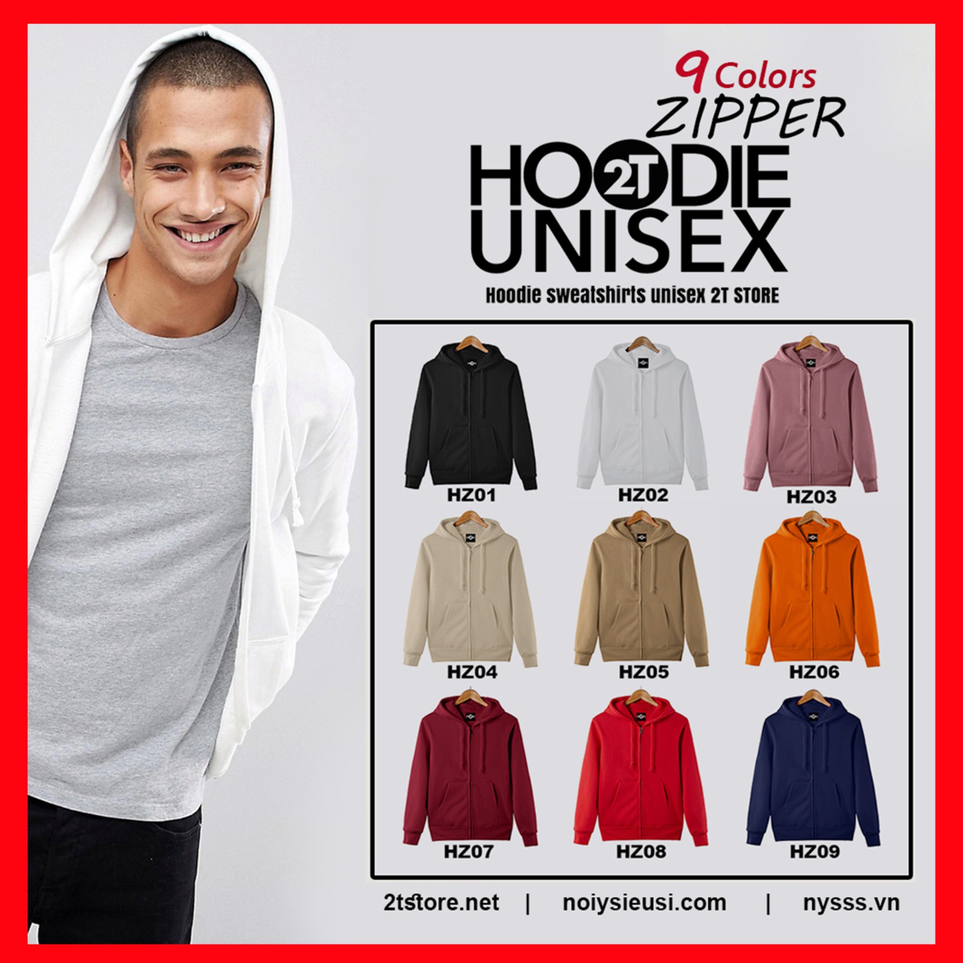 [4.4 HOÀN TIỀN 15%][HCM]ÁO KHOÁC NỈ HOODIE ZIPPER DÂY KÉO TRƠN NÓN 2 LỚP DÀY DẶN UNISEX 2T STORE - TRẮNG