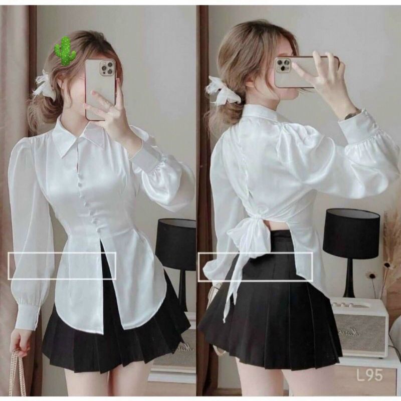 🎀 Áo sơ mi tiểu thư nơ sau, chất phi lụa siêu đep, full tem mác size<52kg 🎀
