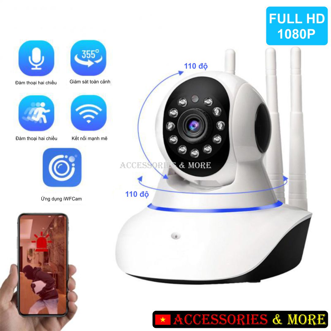 Camera Wifi V380 - Q5 ba râu chính hãng, Camera giám sát thông minh, Camera hồng ngoại giám sát ban ngày và ban đêm