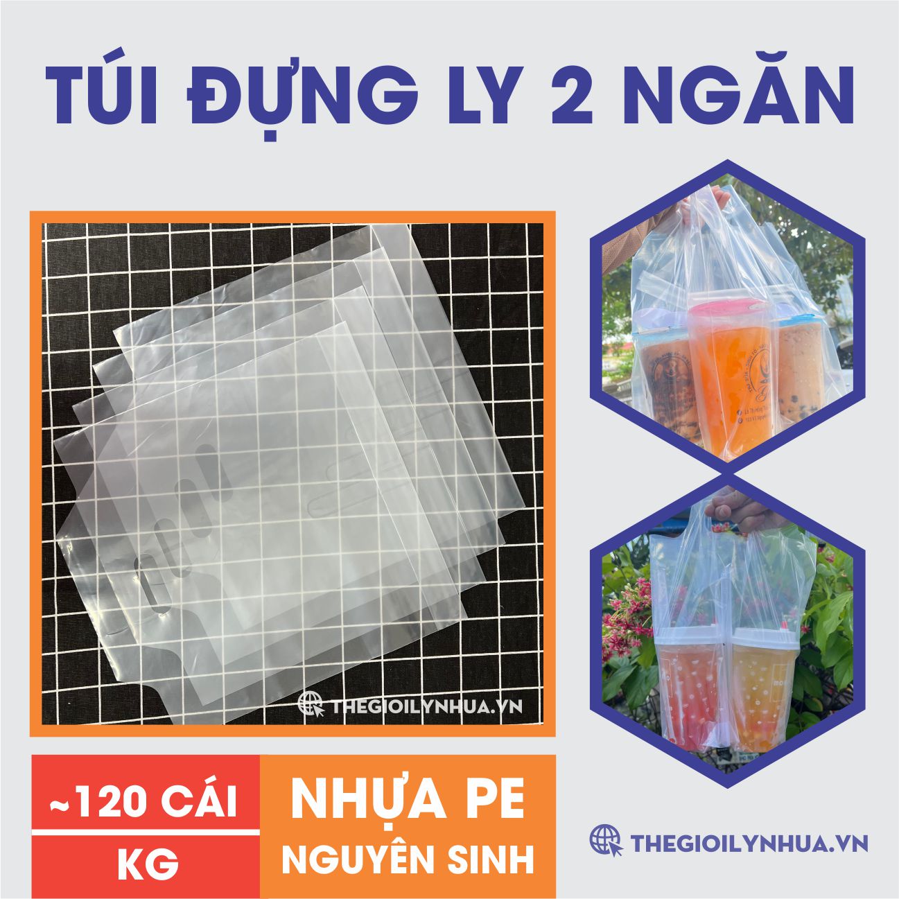 1Kg túi đựng ly 2 ngăn, túi 2 ly, túi đựng ly có vách ngăn, túi đựng ly ép ngăn, túi take away, túi đôi kích thước 32x34