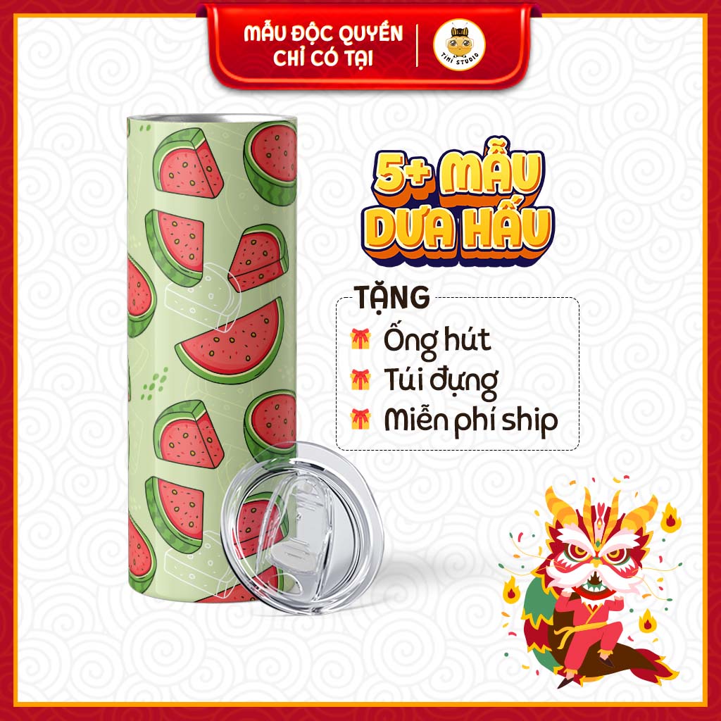 Ly giữ nhiệt hình dưa hấu - bình giữ nhiệt hình dưa hấu - 600ml - inox 304 - tặng túi đựng - tỉ mỉ studio