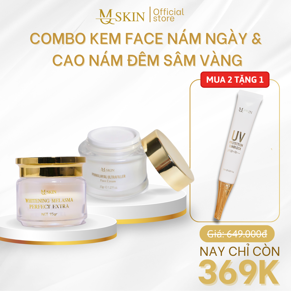 Combo kem dưỡng trắng chống nắng ban ngày + nám đêm sâm vàng mqskin - dành cho mọi loại da