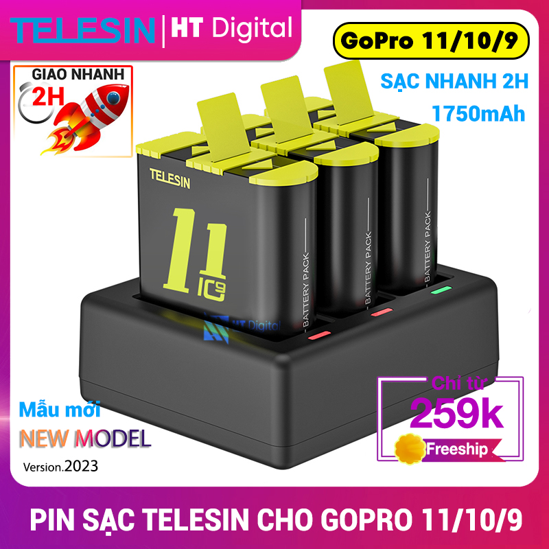 Dock Sạc GoPro Hero 12 11 10 9 Telesin Kèm Pin Telesin 9 10 11 12 (Hàng Chính hãng)