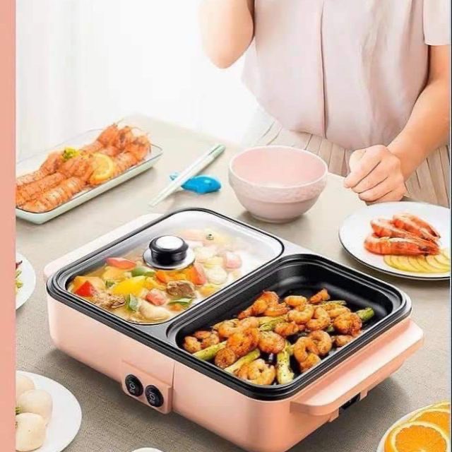 [Nhập LZDEL51 giảm 10% tối đa 200k cho đơn 99k] Nồi lẩu điện Mini đa năng 2 ngăn Nồi nướng điện siêu tốc chống dính thế hệ mới - Bếp điện 2 ngăn