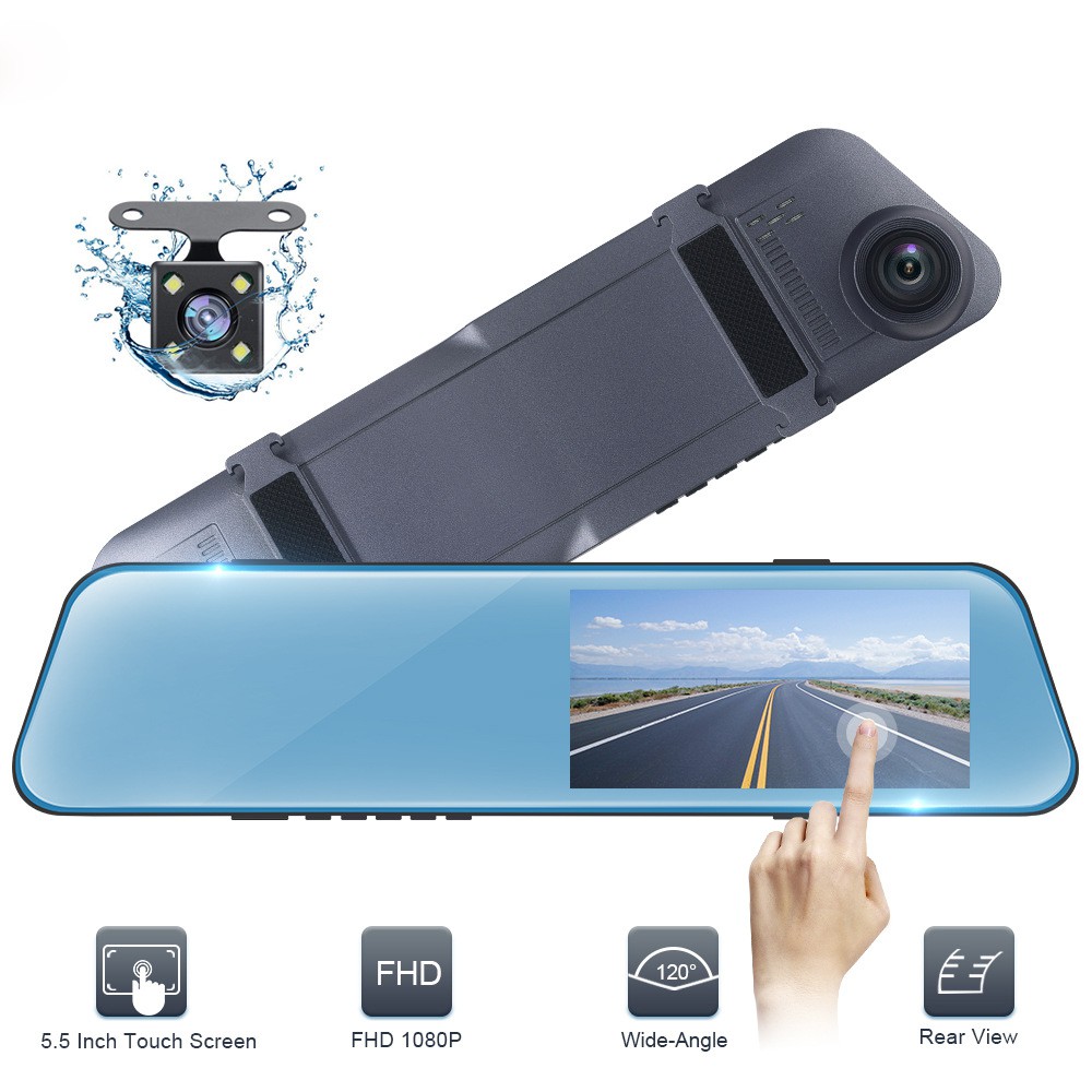 Camera hành trình A8 5,5inch cảm ứng tích hợp gương chiếu hậu 2 cam trước sau