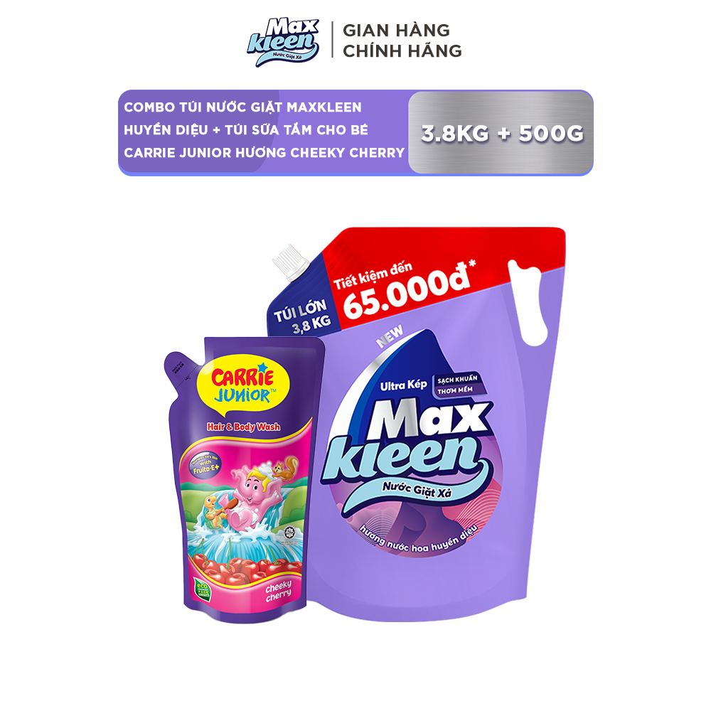 Combo Túi nước giặt MaxKleen 3.8kg + Túi sữa tắm cho bé Carrie Junior hương Cheeky Cherry 500g