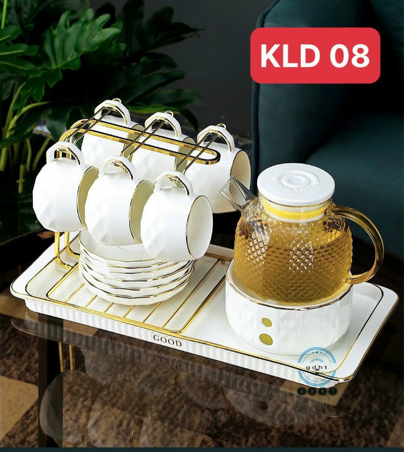 Bộ bình bếp nến pha trà thủy tinh, cốc đĩa, khay sứ trắng, kèm giá treo cốc