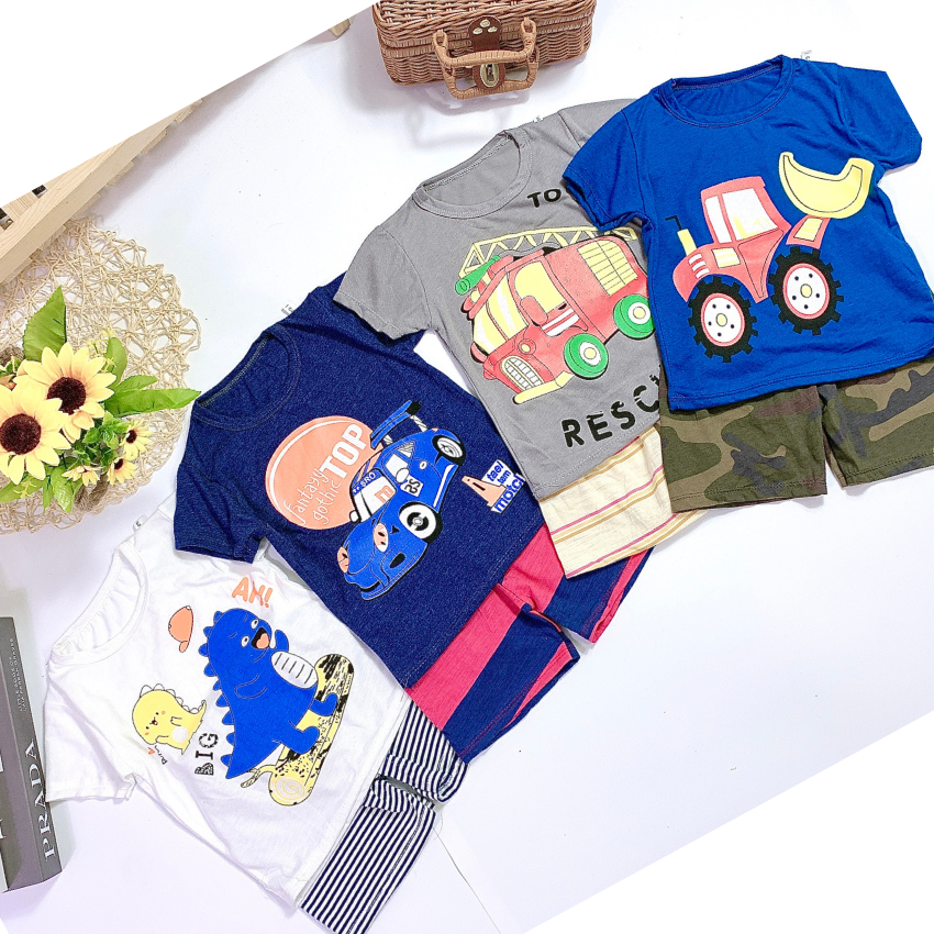 Combo 5 bộ quần áo bé trai hình ô tô, hình thú chất liệu thun cotton co giãn 4 chiều, in hình 3D được các bé trai yêu thích. Luxuries Store- DBBT01, đồ bộ mặc thoáng mát, thấm hút mồ hôi, bé mang đi học, đi chơi