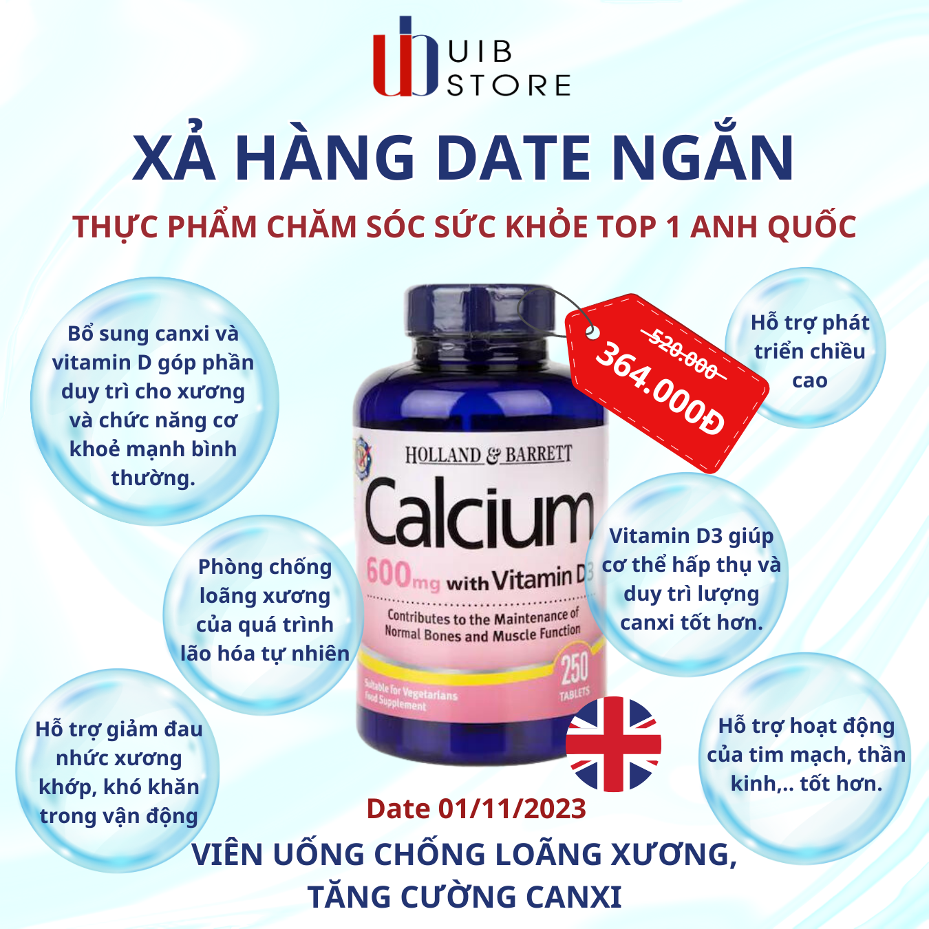 Viên Uống Tăng Cường Canxi Holland & Barrett Calcium plus Vitamin D 250 Tablets