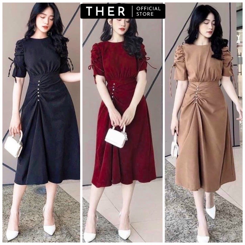 Váy dự tiệc đám cưới tay rút nút trắng sang trọng, đầm thiết kế form dài nhúng eo phong cách quý cô sang chảnh màu đen đỏ trắng kem - dx9990