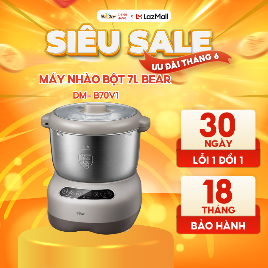 Máy Nhào Bột 7L Bear B70V1 Đa Năng Ủ Bột, Trộn Bột, Nhồi Bột Nhanh Công Suất Lớn Bảo Hành Chính Hãng 18 Tháng