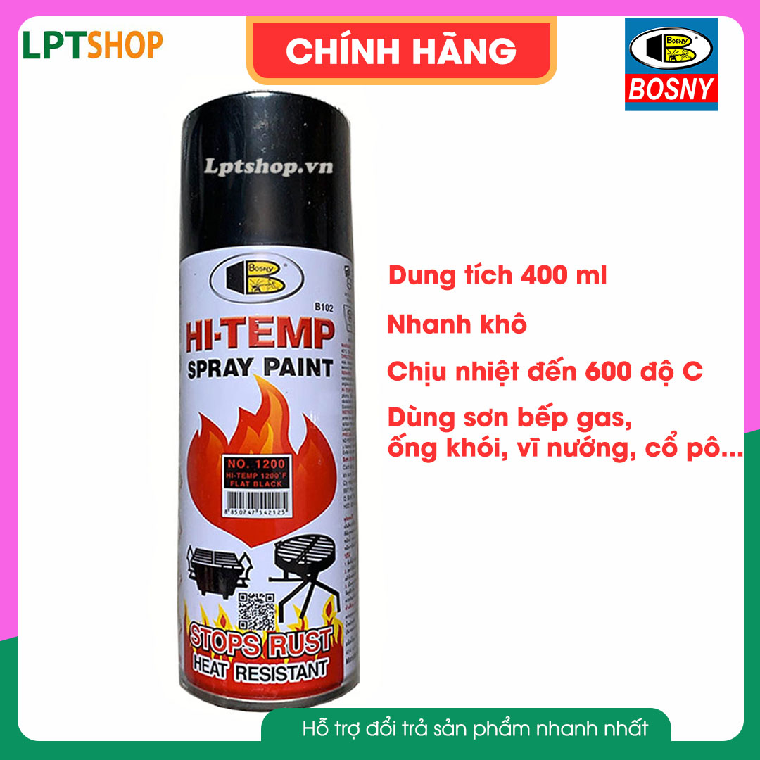 Sơn xịt Bosny No.1200 đen mờ, chịu nhiệt độ cao, sơn bếp gas, ống lò hơi, dung tích 400ml