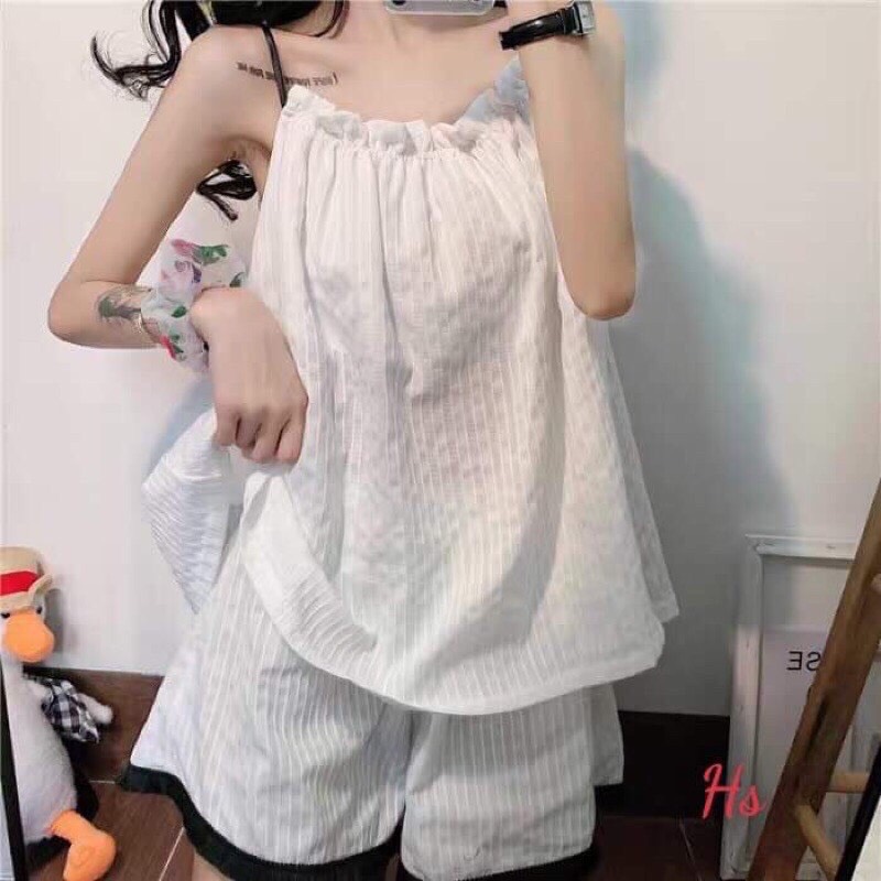 Bộ ngủ đũi áo dây + quần đùi viền