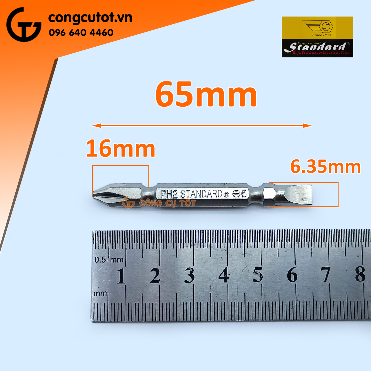 Mũi bắt vít 2 đầu dẹp và bake thép xi trắng Standard 65mm
