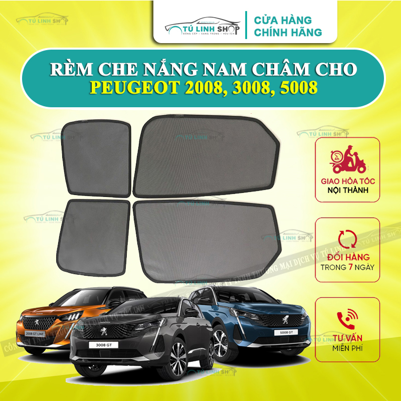 Rèm che nắng nam châm cho Peugeot 2008, 3008, 5008, 408 bộ 4 tấm cho 4 cửa, hàng loại 1 cao cấp nhất, vừa khít kính