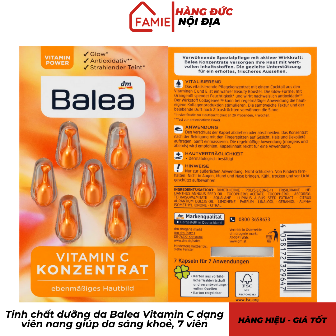 Tinh chất dưỡng da Balea Vitamin C dạng viên nang giúp da sáng khoẻ