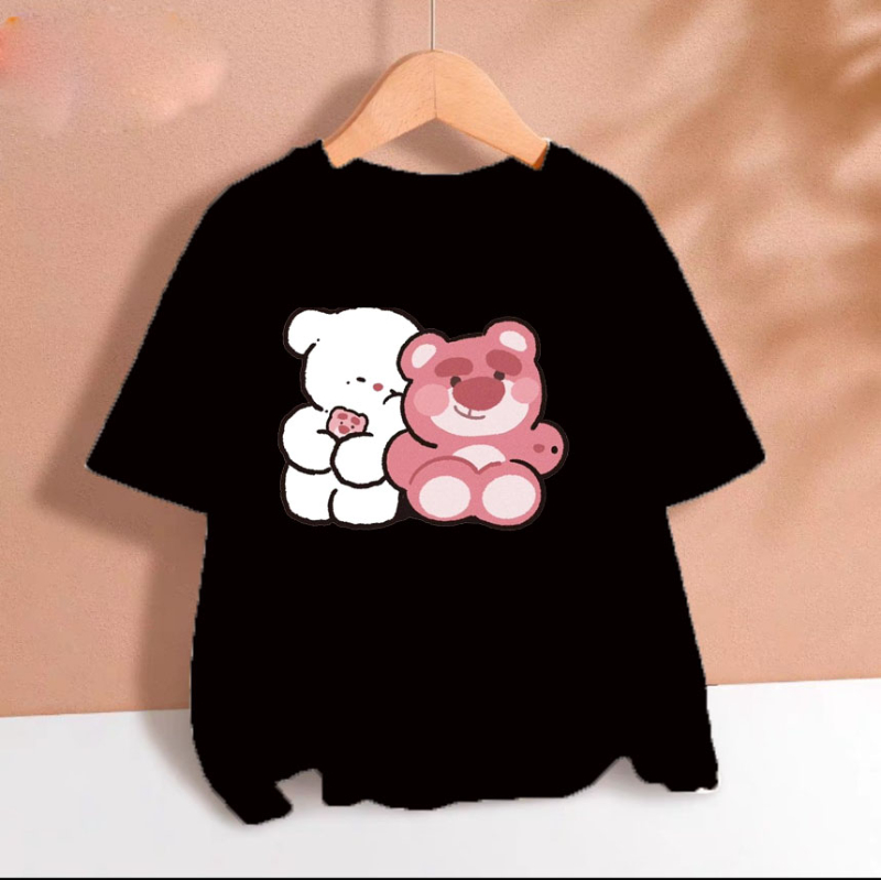 BIBO SHOP Áo thun cho bé gái gấu dâu và thỏ trắng chất cotton phom rộng