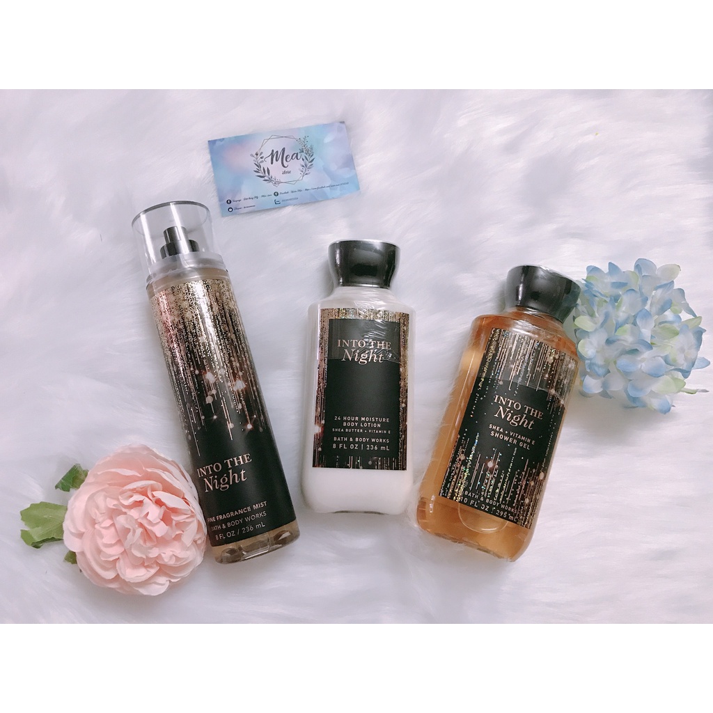 Bộ sản phẩm body mist, sữa tắm, lotion Into the Night Bath and Body Works