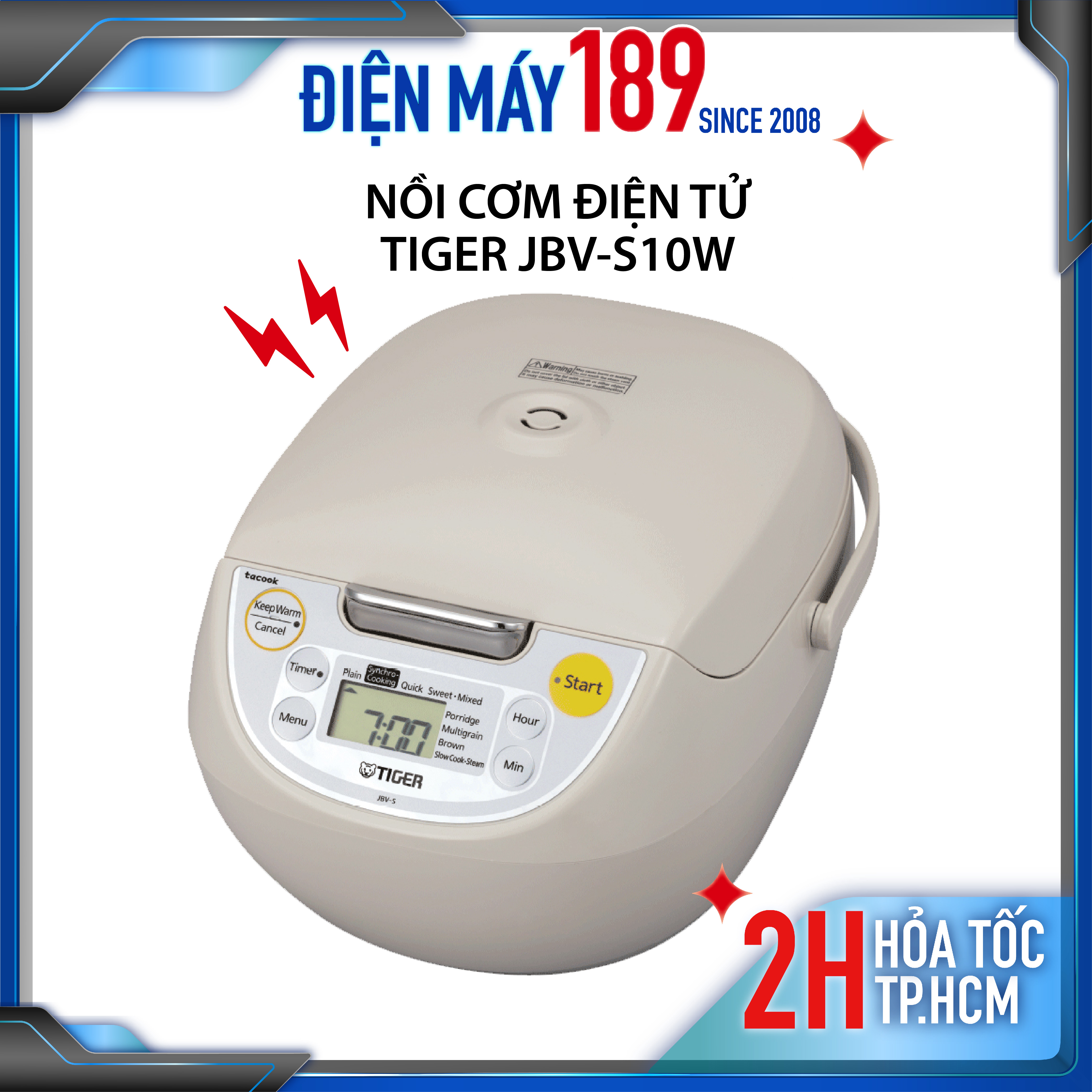Nồi cơm điện tử tiger jbv-s10w - dung tích 1.0 lít, công suất 564w, 9 chức năng. hẹn giờ - hàng chính hãng, bảo hành 12 tháng