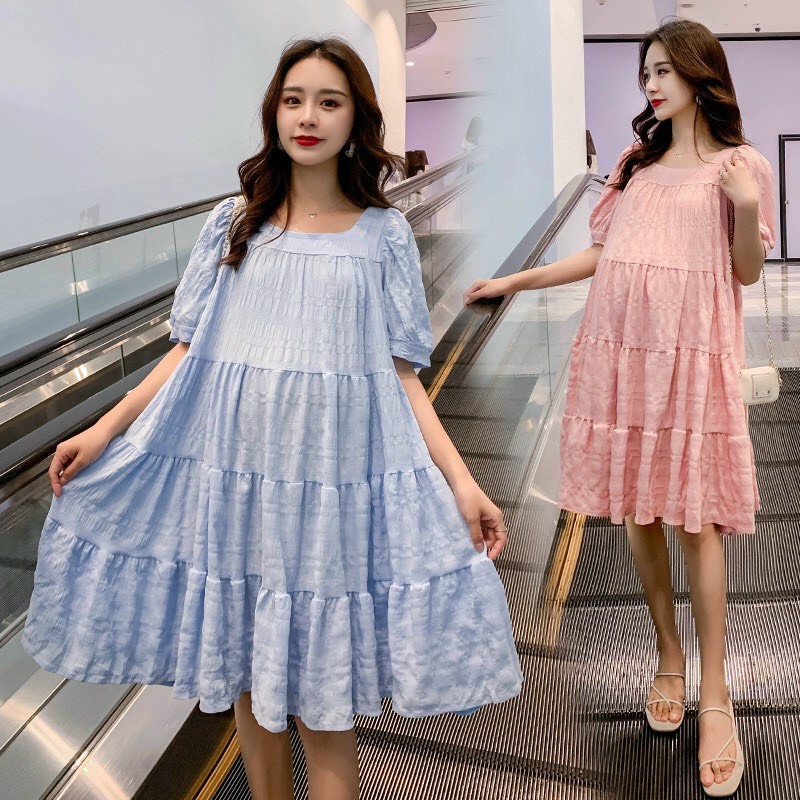 Váy bầu, đầm bầu dáng suông cộc tay cổ vuông trẻ trung