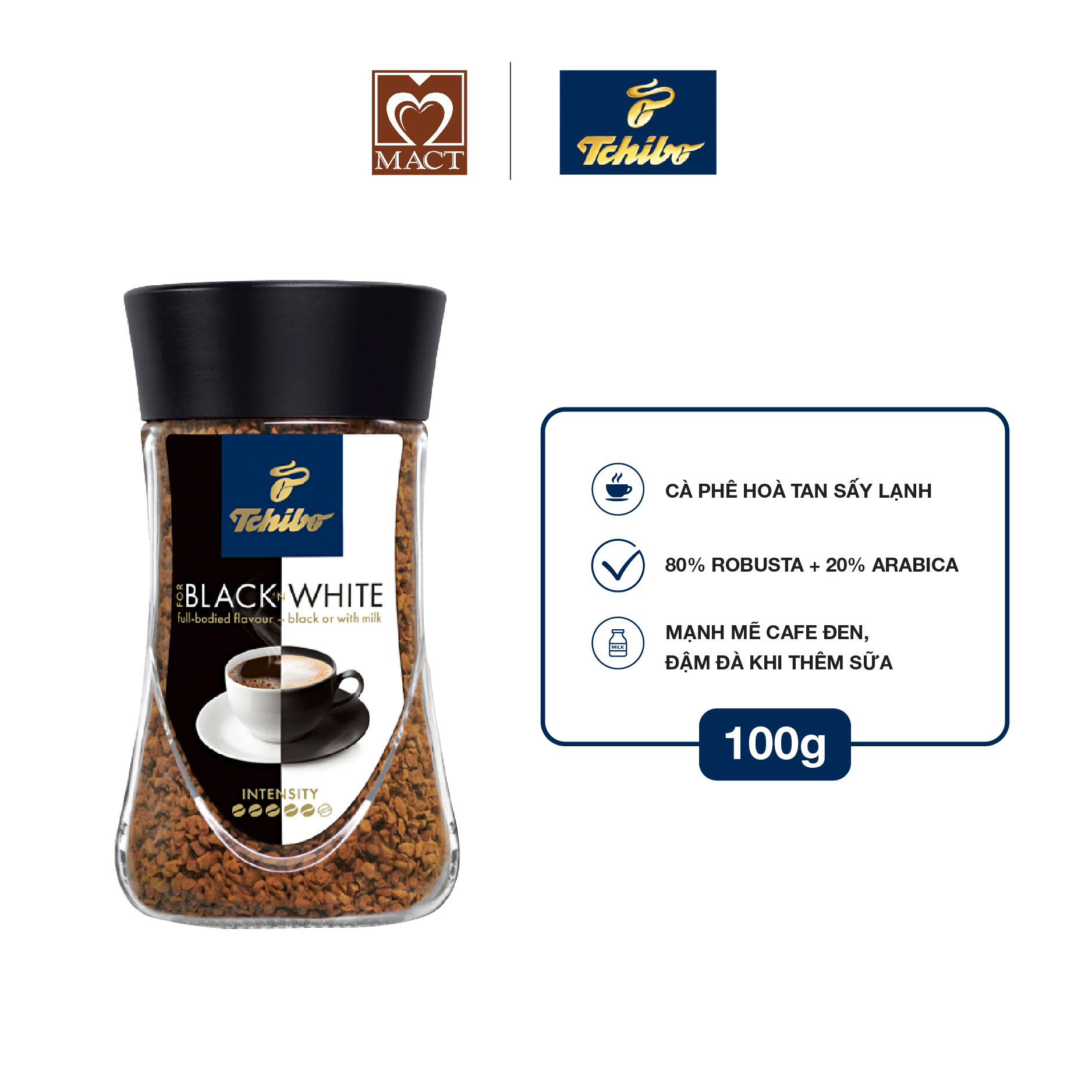 Cà phê hòa tan TCHIBO BLACK & WHITE - 80% Robusta 20% Arabica - Vị đắng đậm đà - lọ 100g