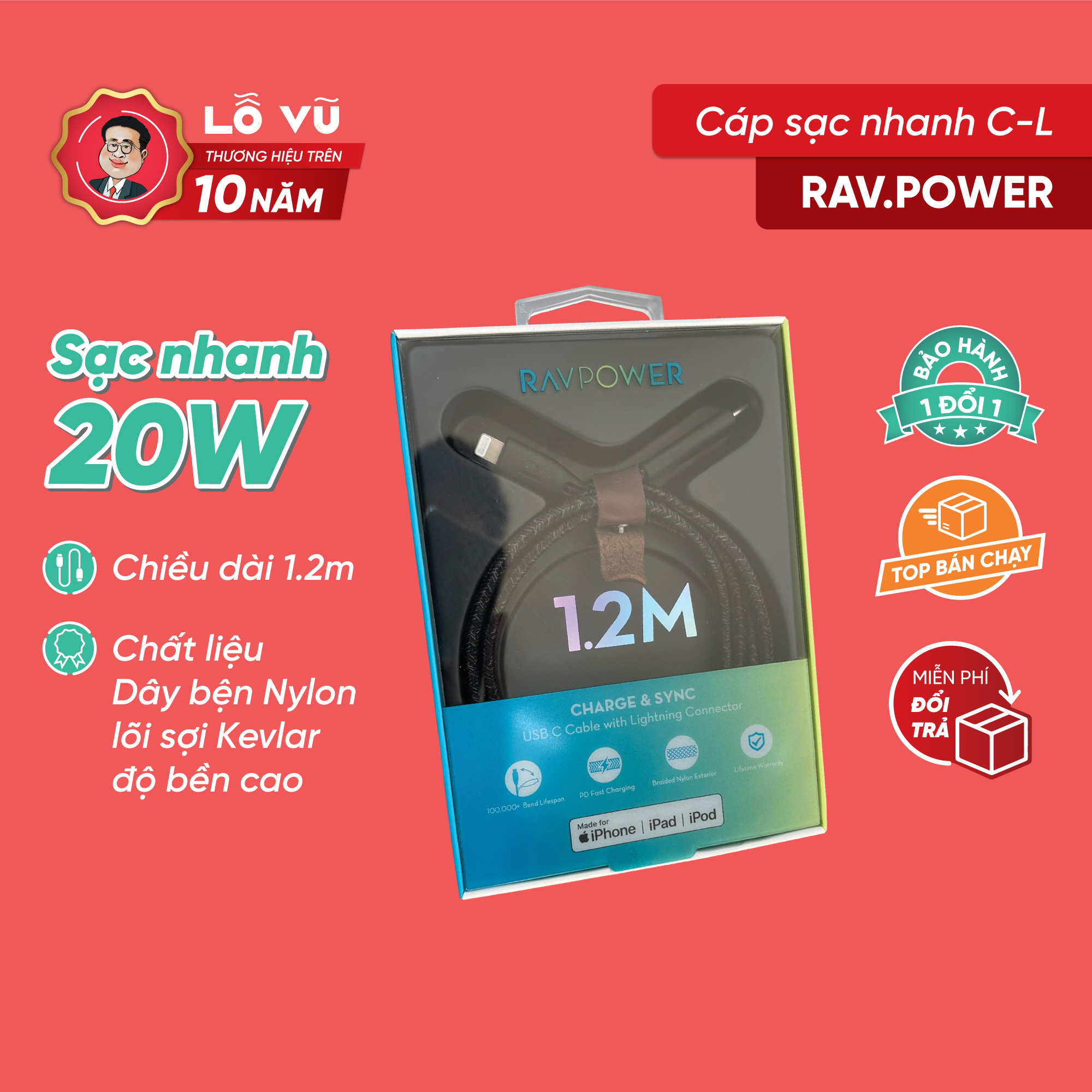 Cáp sạc nhanh pd r.a..v power 1.2m bọc dù, sạc nhanh 20w pd chuẩn m.f.i