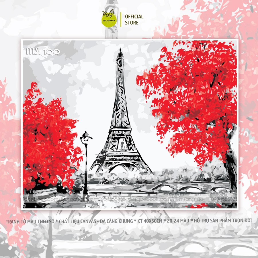 Tranh tô màu theo số, tranh số hóa, tranh tô màu số hóa Madoca kích thước 40x50cm có khung, Eiffel Đỏ Rực T160