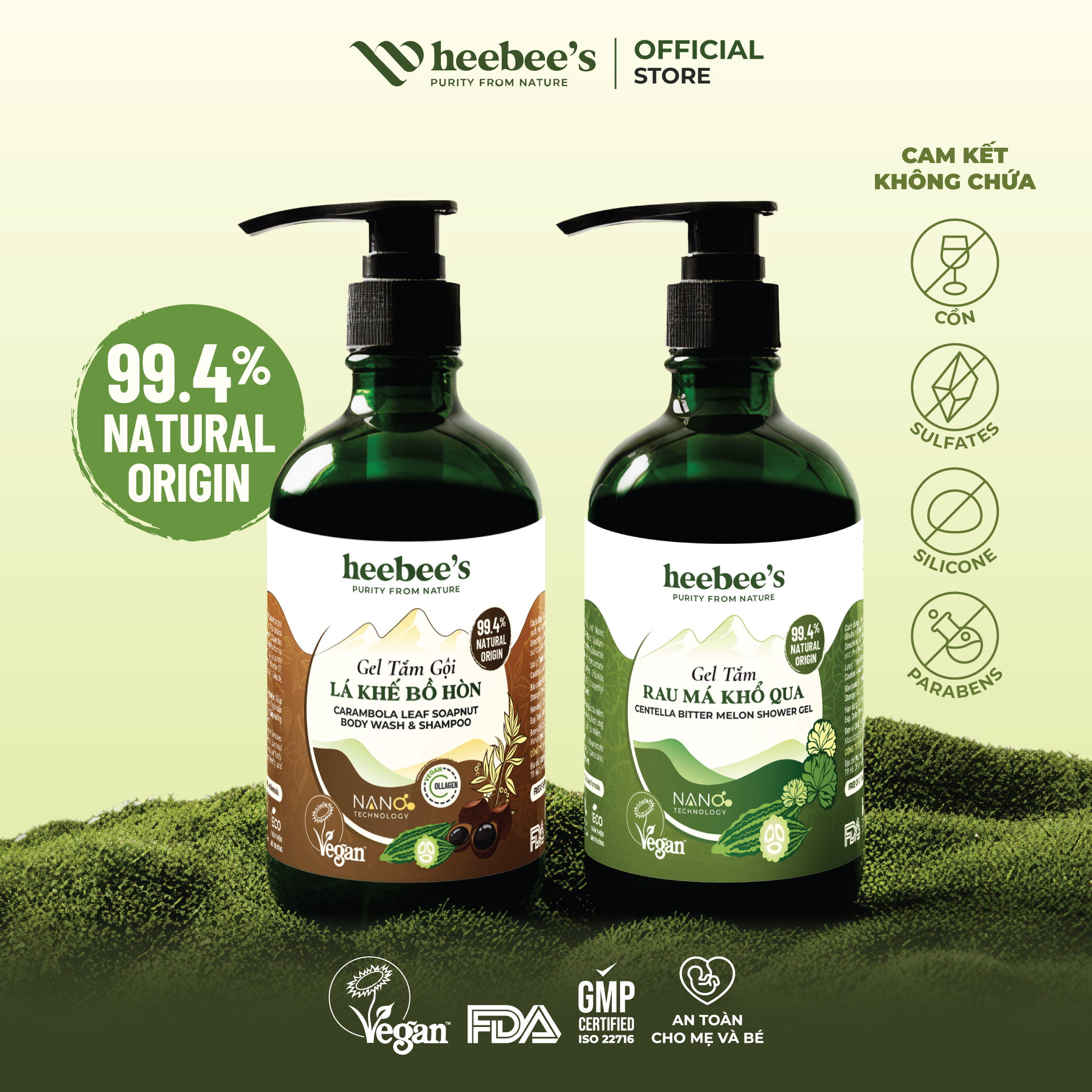 Combo 2 Gel Tắm Gội Thảo Dược Heebee’s Lá Khế Bồ Hòn & Rau Má Khổ Qua Sạch Da Khử Mùi, Ngừa Nấm Ngứa, Mụn Lưng 300/500ml