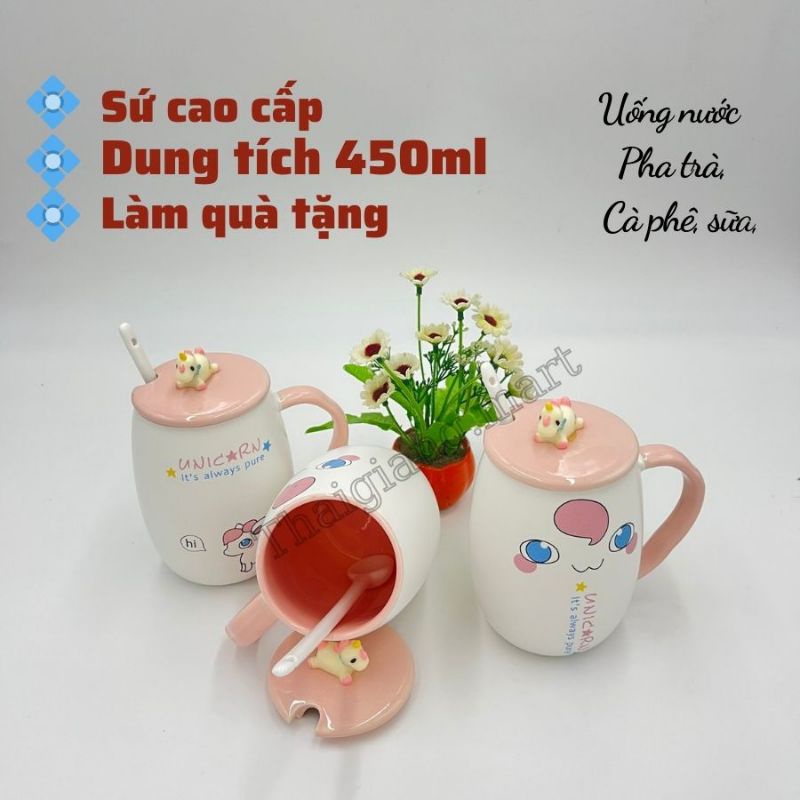 Cốc, ly sứ uống nước pha trà, cafe có nắp tặng kèm thìa họa tiết kỳ lân cute đáng yêu
