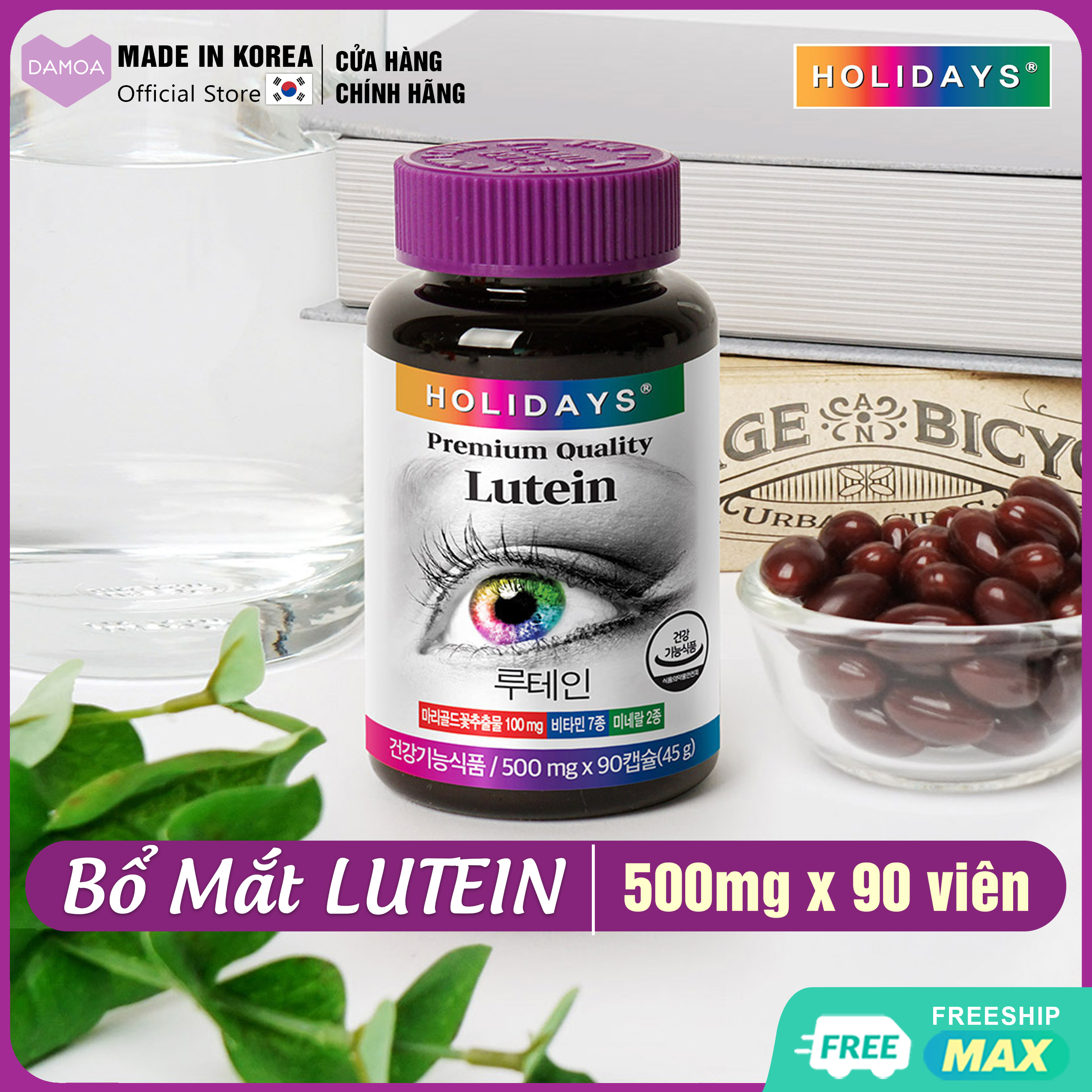 Lọ 90 viên uống bổ mắt holidays giảm nhức mỏi mắt, ngăn ngừa bệnh và phát triển thị lực premium quality lutein hàn quốc