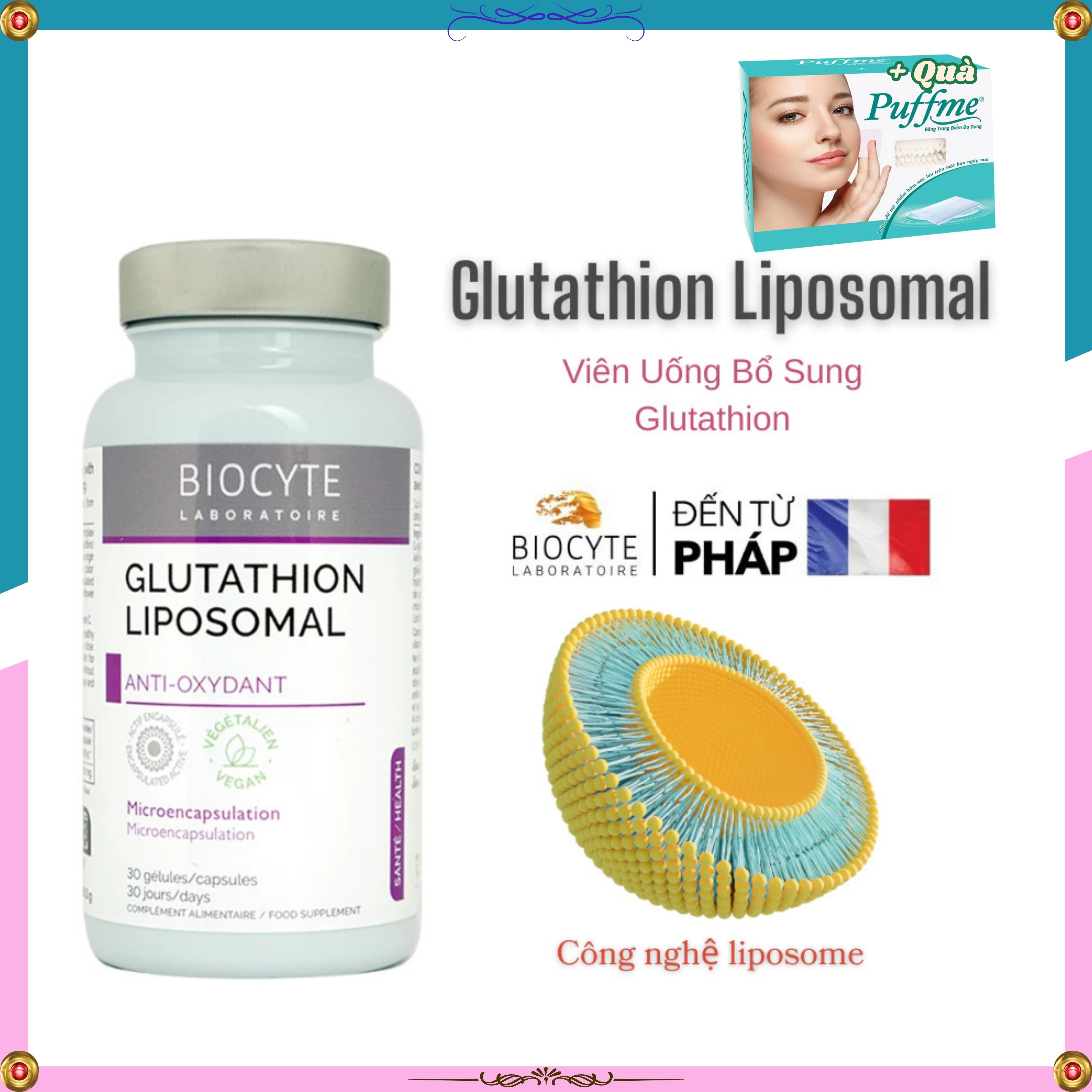 (Chính Hãng) Glutathion Liposomal viên uống hỗ trợ trắng da, chống oxy hóa - B19 Biocyte Pháp (30v)