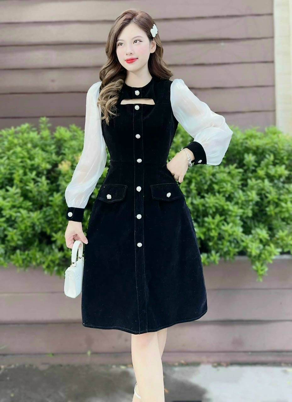Đầm Nữ dự tiệc phối nút hở ngực tay voan dài sang trọng thời trang HARI