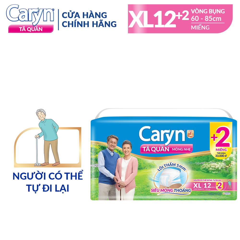 Tã Quần Người Lớn Caryn Mỏng Nhẹ Chống Tràn Size XL 12 Miếng Dành Cho Người Già Có Thể Tự Đi Lại Được