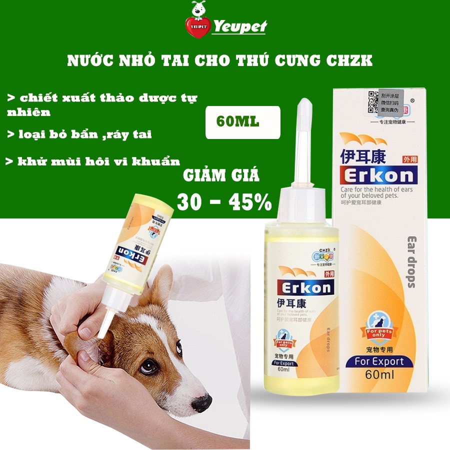 [Mã 99FMCG giảm 7% tối đa 100K đơn 500K] NƯỚC NHỎ TAI CHO CHÓ MÈO ERKON KHỬ MÙI HÔI,LÀM SẠCH MÀNG TAI