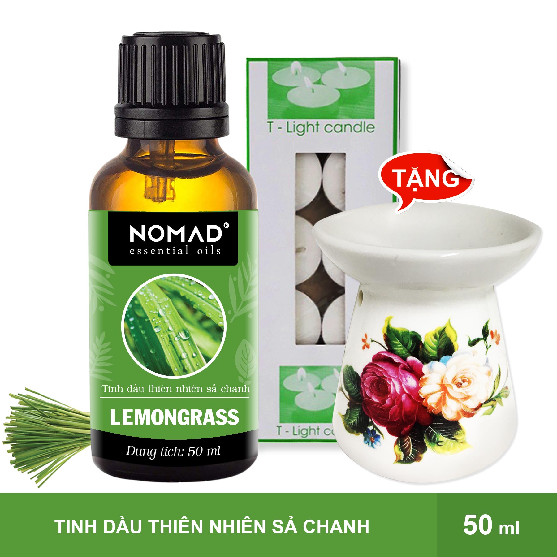 Tinh Dầu Thiên Nhiên Hương Sả Chanh Nomad Essential Oils Lemongrass 50ml (Tặng Đèn Đốt Dạng Nến + 1 Hộp Nến Tealight 10 Viên)