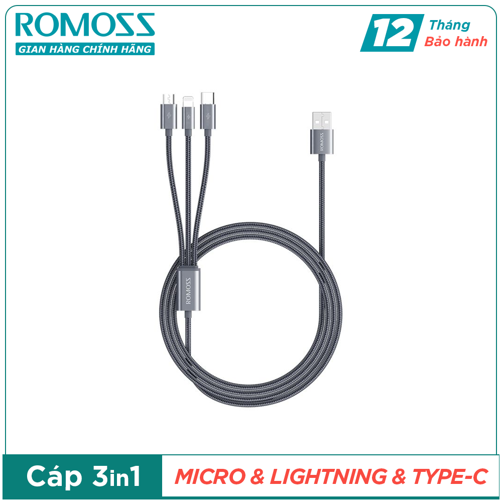 Cáp sạc nhanh romoss cb25a 3in1 usb to lightning / type c / micro usb dài 1.5m