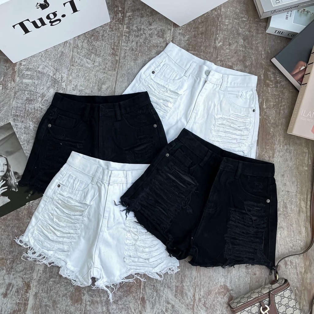 Quần short nữ cạp cao Phong cách Hàn Quốc - Quần sooc bò đáp rách